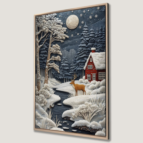 Framed Wall Art: Winter landscape Canvas Print with a red cabin, deer, and snowy forest. Featuring a serene, textured style with blue, white, and red tones.