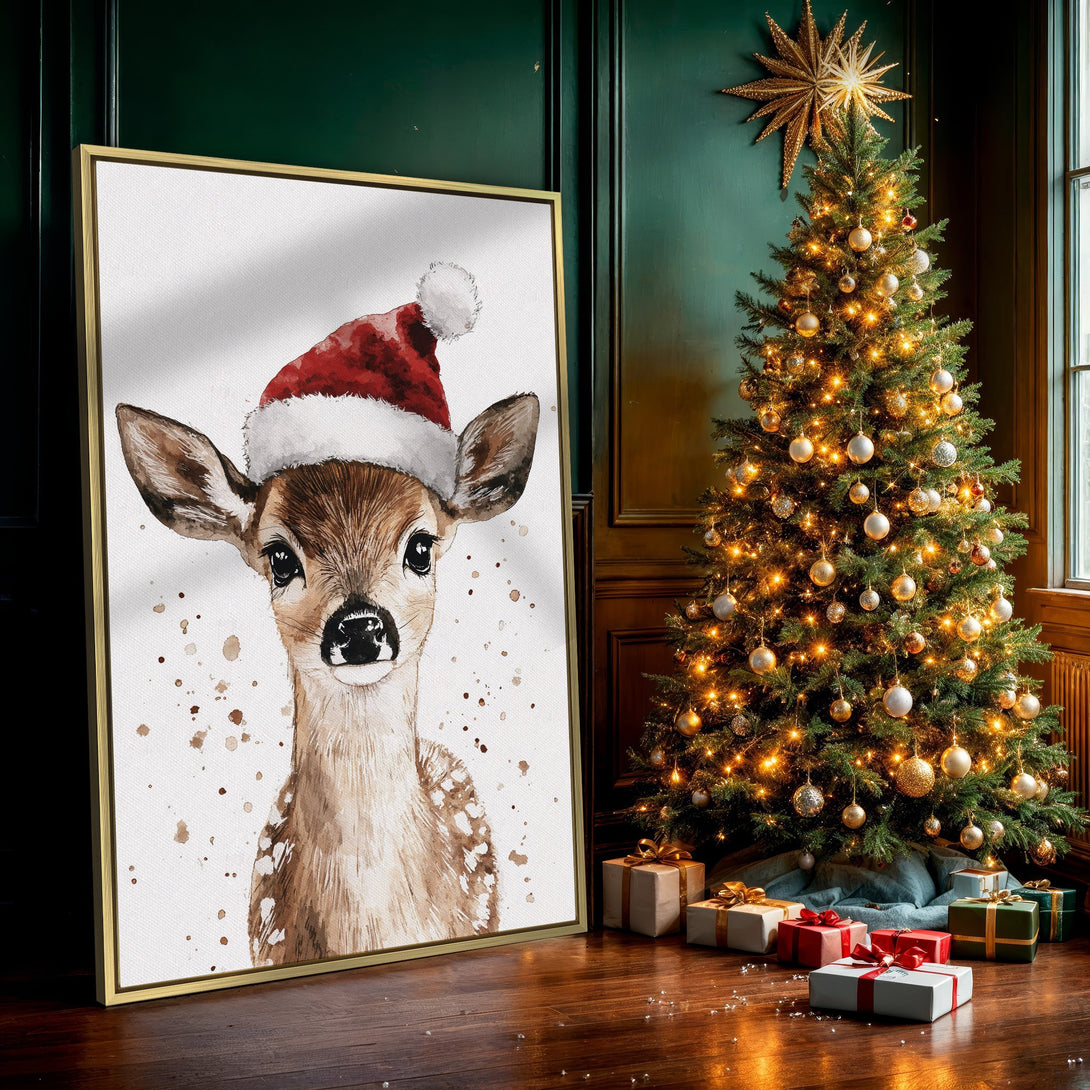 Canvas Print of a watercolor fawn wearing a Santa hat. Warm brown and red tones, perfect for Christmas decor.