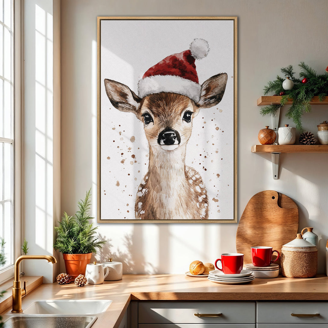 Framed Wall Art: Watercolor deer wearing a Santa hat. Warm, neutral color palette with pops of red. Perfect Christmas decor for your home!