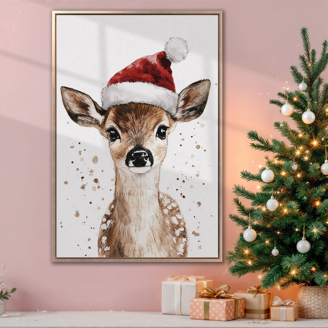 Framed Wall Art: Watercolor deer in Santa hat. Festive Christmas decor in warm brown and red tones. Perfect holiday gift for animal lovers.