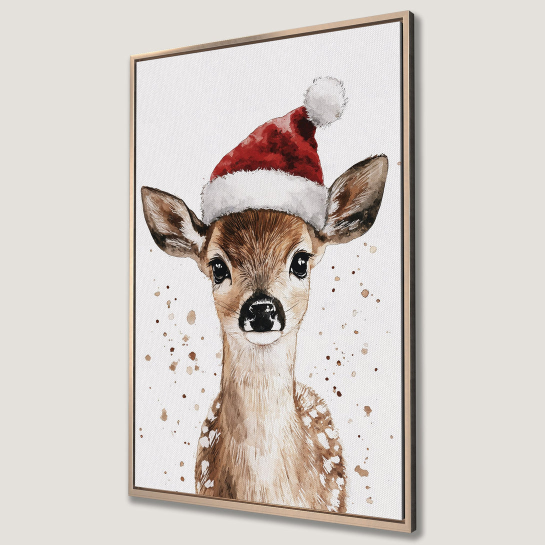 Framed Wall Art: Adorable watercolor deer wearing a Santa hat. Neutral tones with pops of red create a charming, festive canvas print for your home.