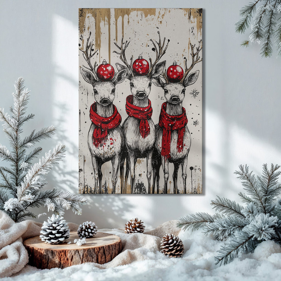 Framed Wall Art: Festive reindeer art in black, white, and red, perfect for Christmas decor. Adds a touch of holiday charm to any space.