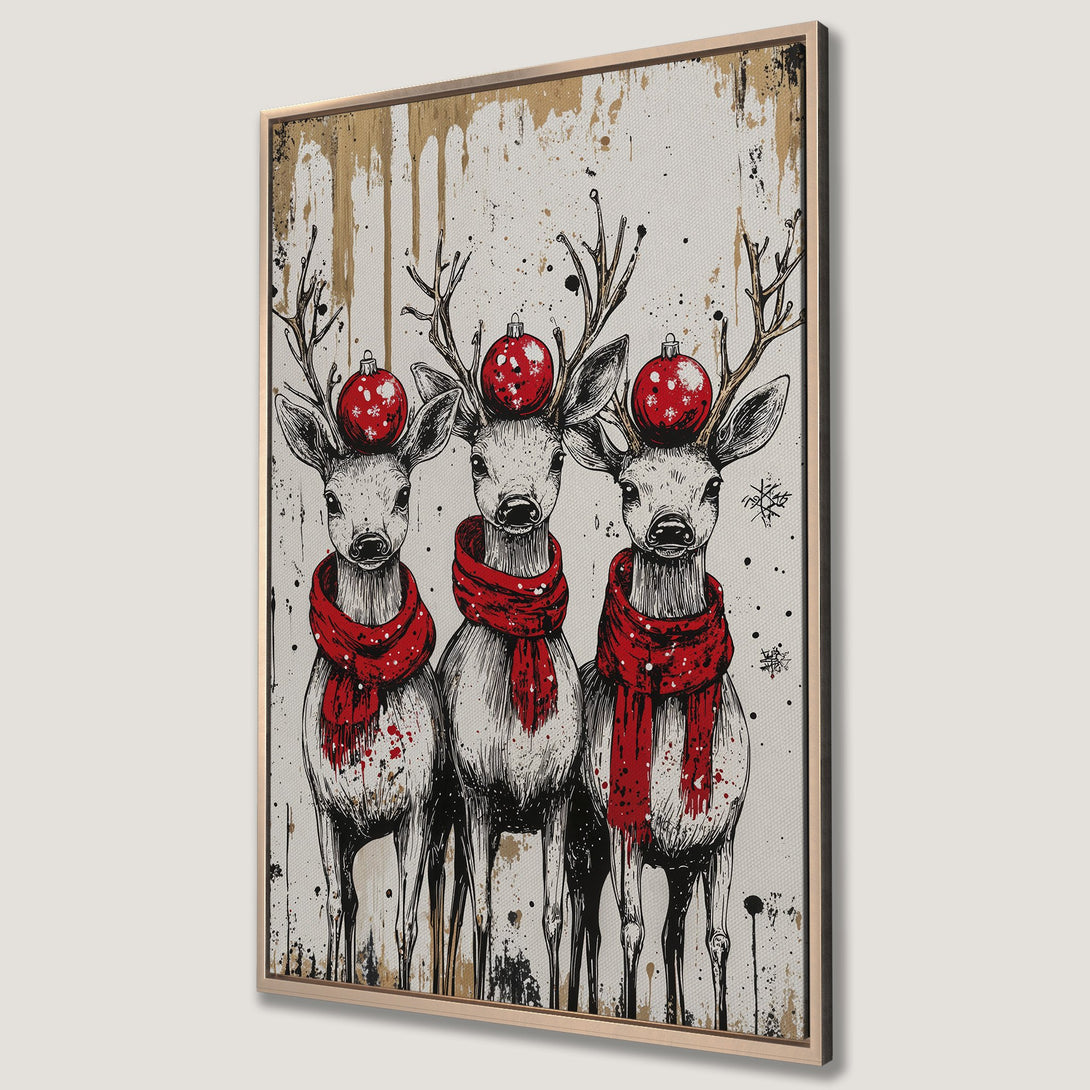 Framed Wall Art featuring festive reindeer with red scarves & ornaments. Stylish black & white sketch with pops of red & gold. Perfect Christmas decor.