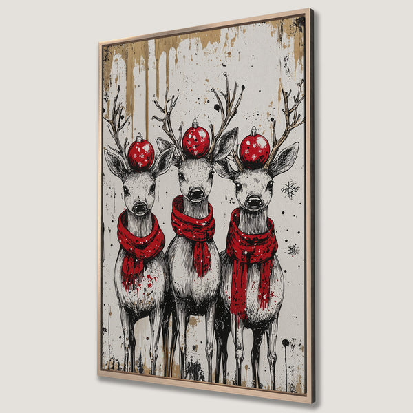 Framed Wall Art featuring festive reindeer with red scarves & ornaments. Stylish black & white sketch with pops of red & gold. Perfect Christmas decor.