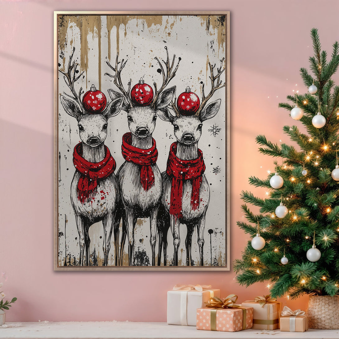Framed Wall Art: Festive reindeer print with red scarves and ornaments. Rustic style with black, white, and red color palette. Perfect for Christmas decor!