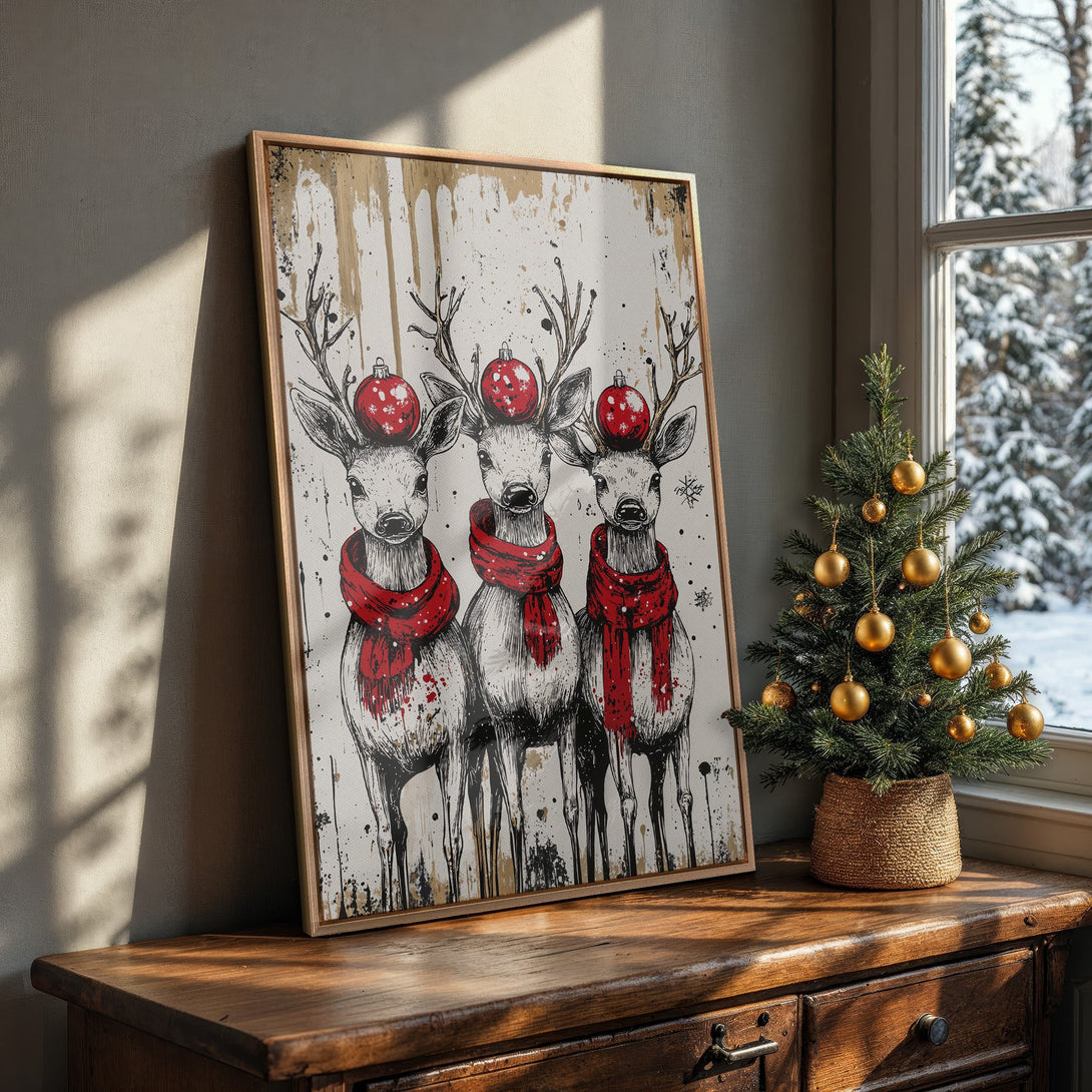 Framed Wall Art of festive reindeer with red scarves & ornaments. Rustic style, neutral & red color palette. Perfect Christmas decor!