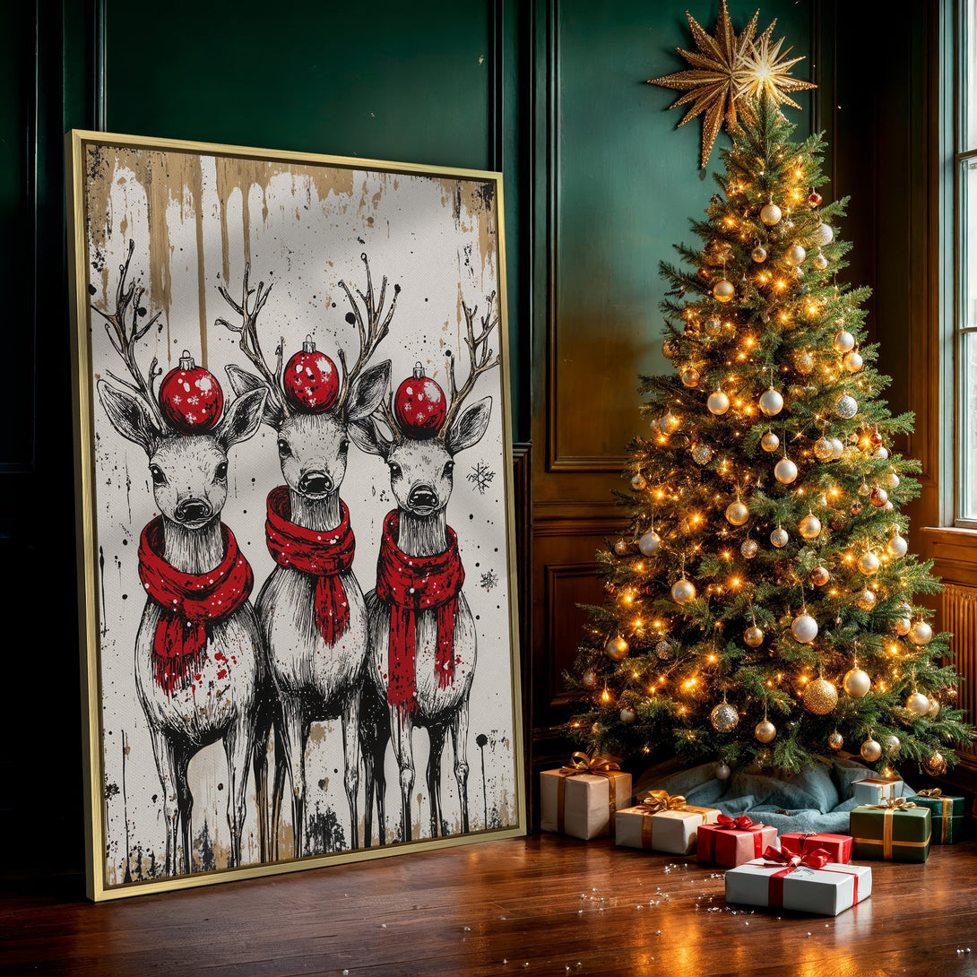 Canvas Print featuring festive reindeer art in black, white, and red. Perfect Christmas decor! Modern style wall art for your home.