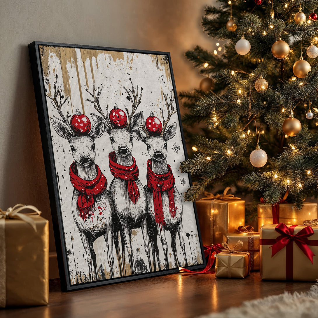 Framed Wall Art featuring festive reindeer in red and black, perfect for Christmas decor. Rustic style with a warm, inviting color palette.