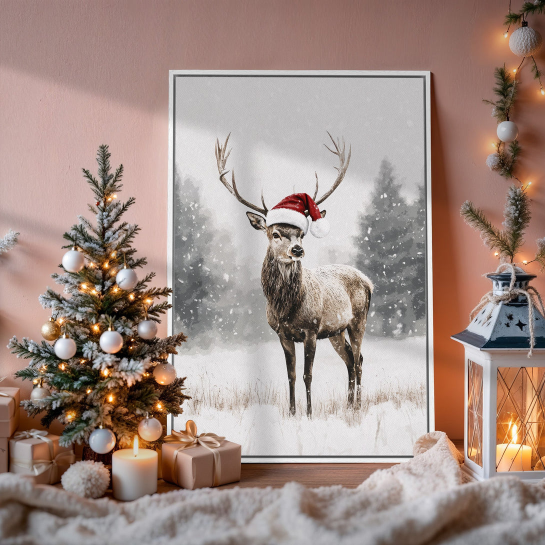 Framed Wall Art: Winter scene with a deer wearing a Santa hat. Neutral color palette with a touch of red, perfect for Christmas decor.