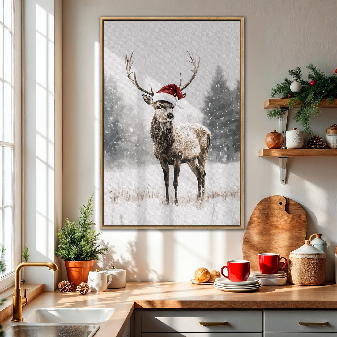 Framed Wall Art: Winter deer in a Santa hat. Neutral color palette with pops of red. Rustic style canvas print perfect for holiday decor.