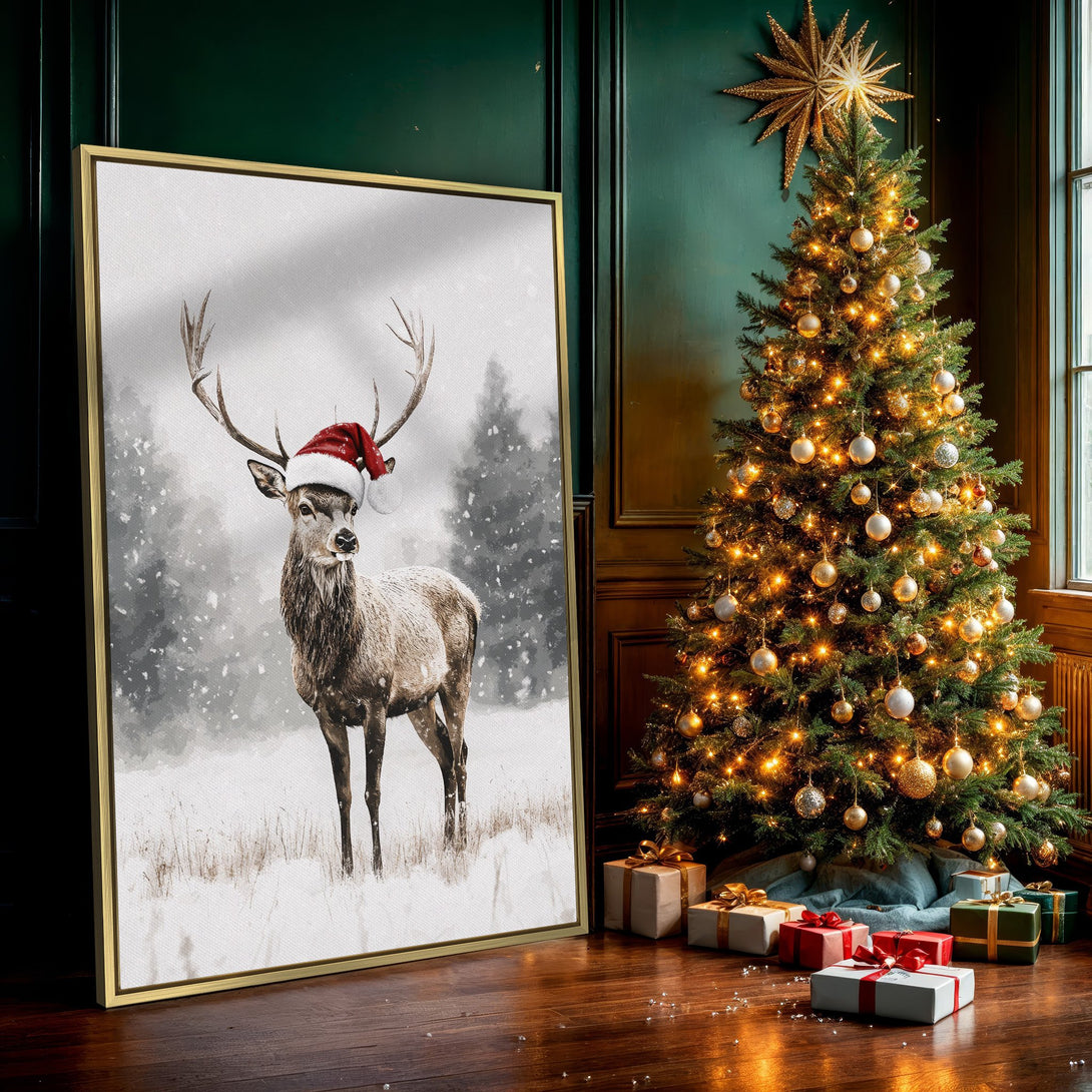 Canvas Print of a majestic deer wearing a Santa hat in a snowy forest scene. Neutral color palette, perfect for holiday decor.