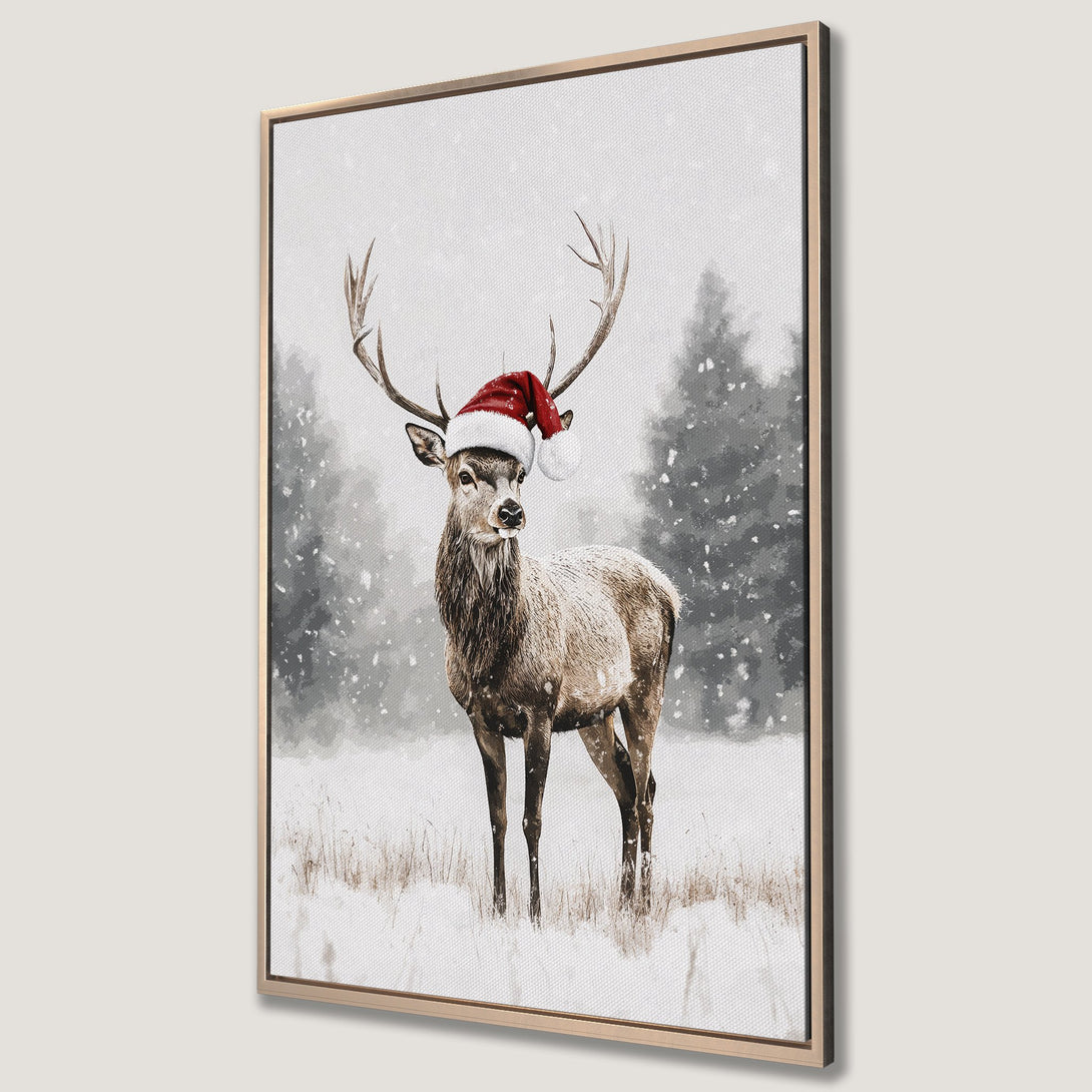 Framed Wall Art: Festive deer in a snowy landscape. Watercolor style with a neutral color palette and a pop of red. Perfect winter decor!