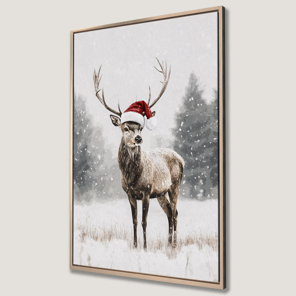 Framed Wall Art: Festive deer in a snowy landscape. Watercolor style with a neutral color palette and a pop of red. Perfect winter decor!