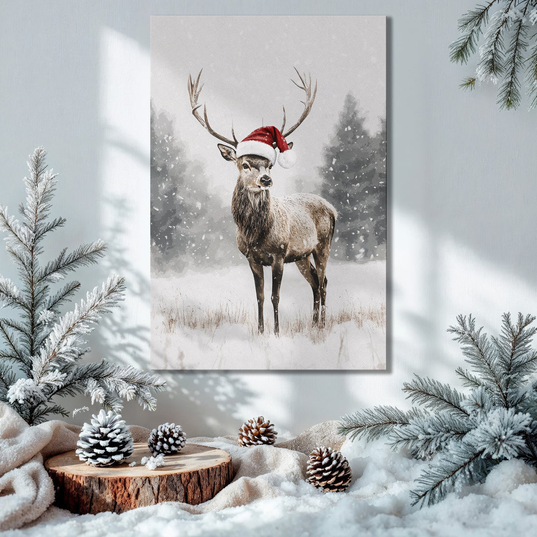 Framed Wall Art featuring a watercolor-style deer in a Santa hat. Neutral tones with pops of red, set in a cozy Christmas interior.