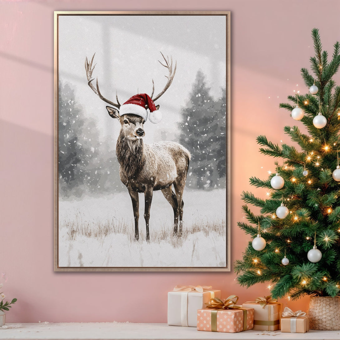 Framed Wall Art: Wintery deer in Santa hat. Watercolor style with neutral & red tones. Perfect Christmas decor for a cozy, festive home.