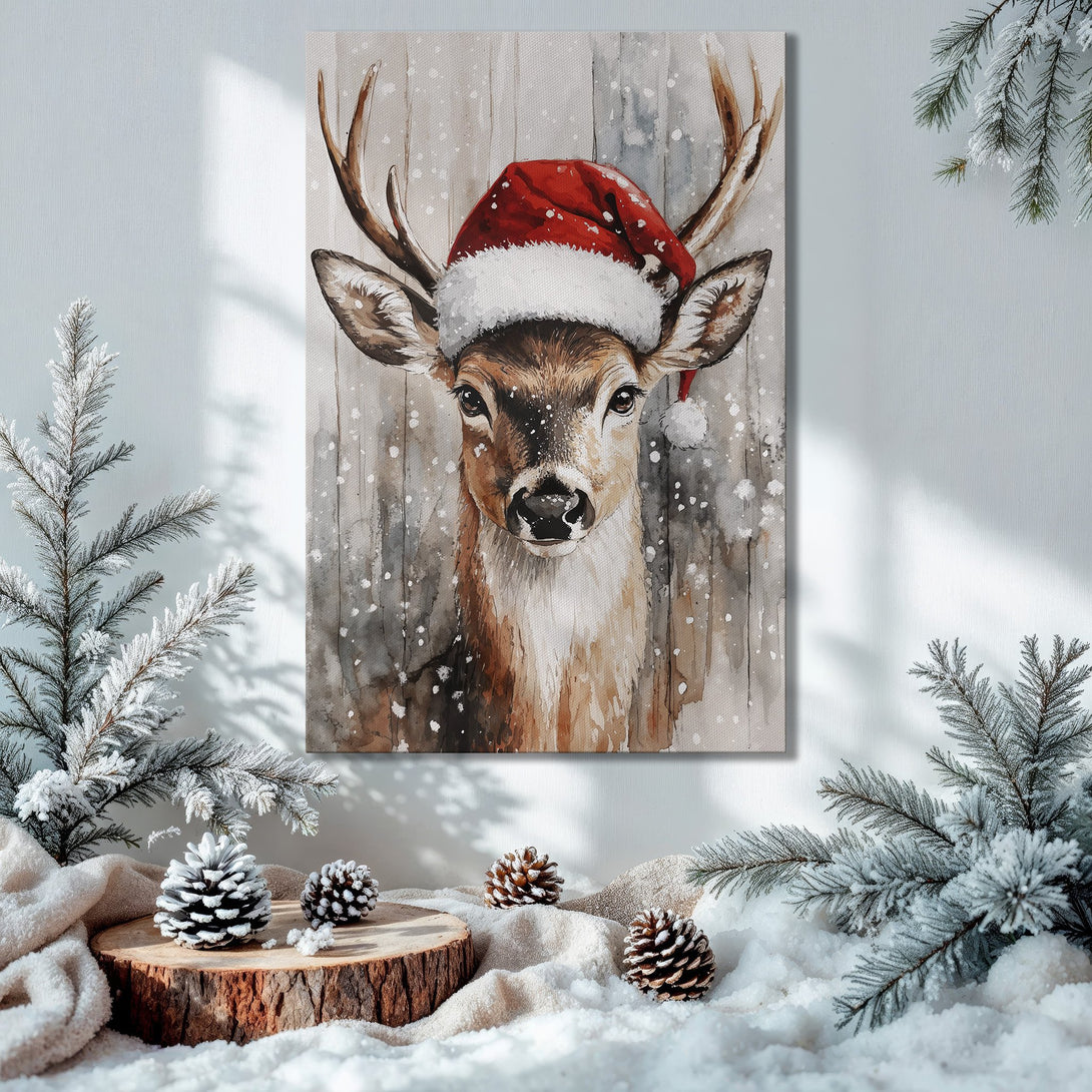 Framed Wall Art: Watercolor deer in Santa hat. Rustic style, warm brown & red palette. Perfect Christmas decor!