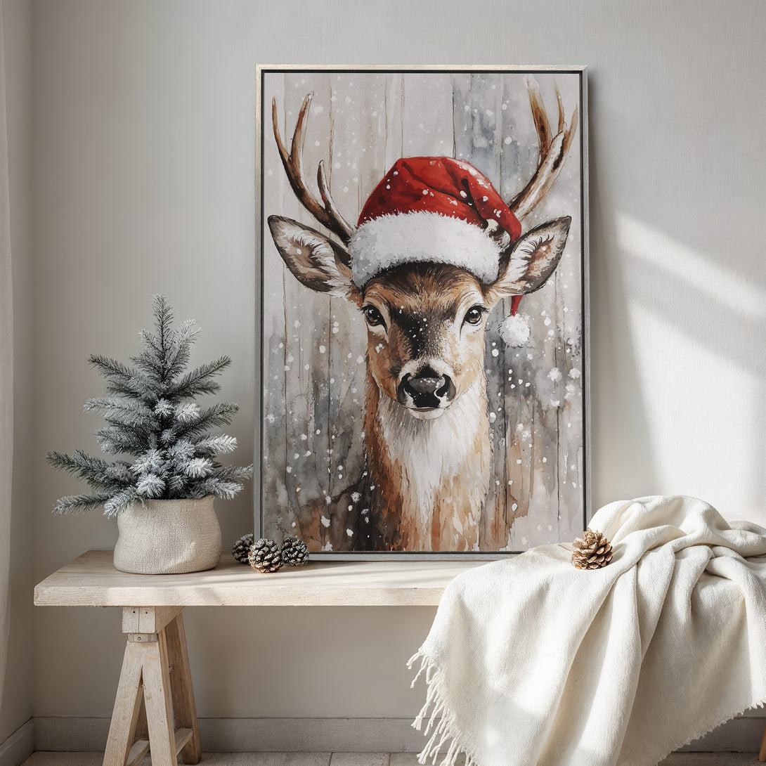Framed Wall Art: Watercolor deer in Santa hat, neutral color palette. Festive holiday decor. Perfect for Christmas!