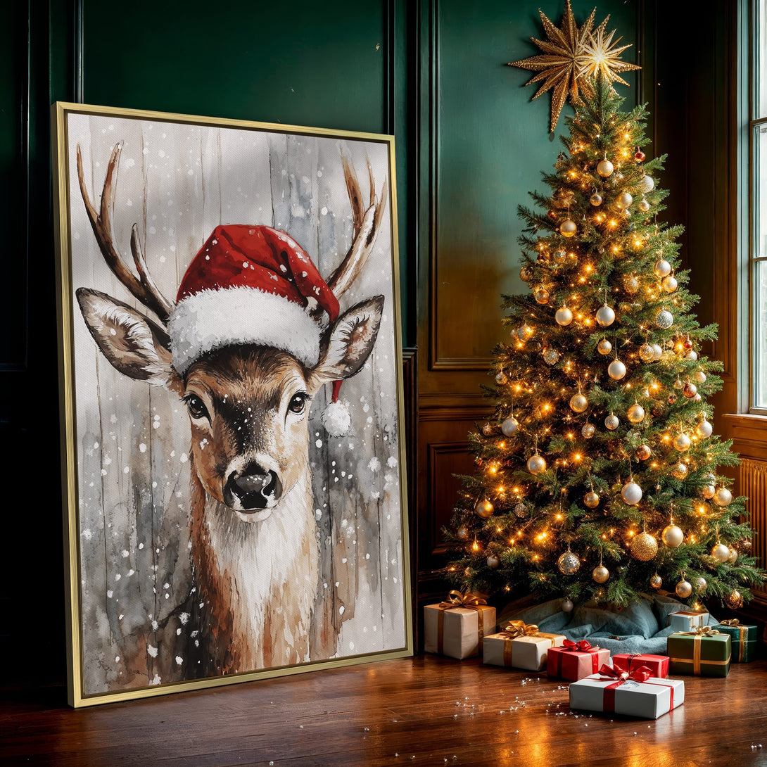 Canvas Print of a charming watercolor deer wearing a Santa hat. Neutral tones with pops of red, perfect for holiday decor.