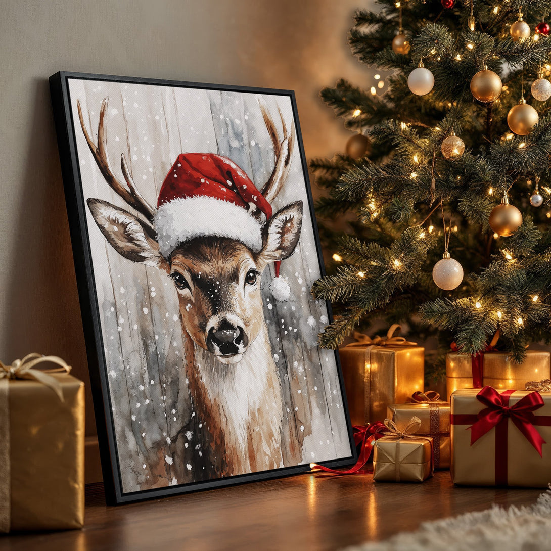 Framed Wall Art: Watercolor deer in Santa hat. Rustic style with warm browns, reds, and grays. Perfect Christmas decor for your home!