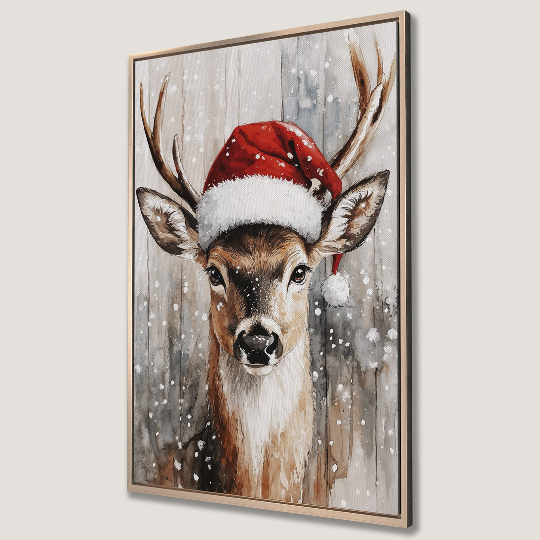 Framed Wall Art: Watercolor painting of a deer wearing a Santa hat. Neutral gray, brown, and red color palette. Perfect for Christmas decor.