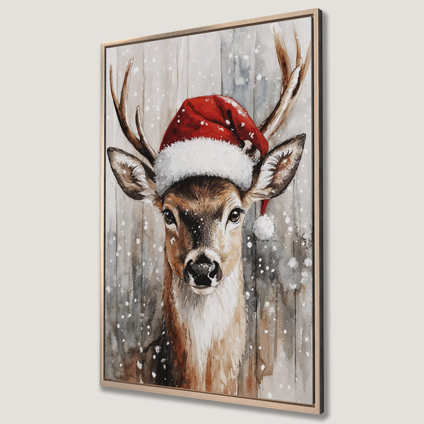 Framed Wall Art: Watercolor painting of a deer wearing a Santa hat. Neutral gray, brown, and red color palette. Perfect for Christmas decor.