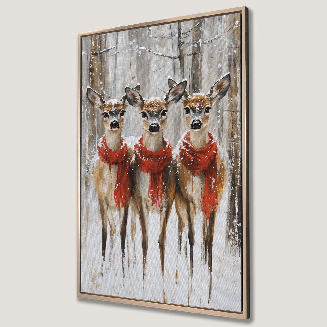 Framed Wall Art: Winter scene with three deer wearing red scarves. Rustic style with a neutral and red color palette. Perfect for cozy home decor.