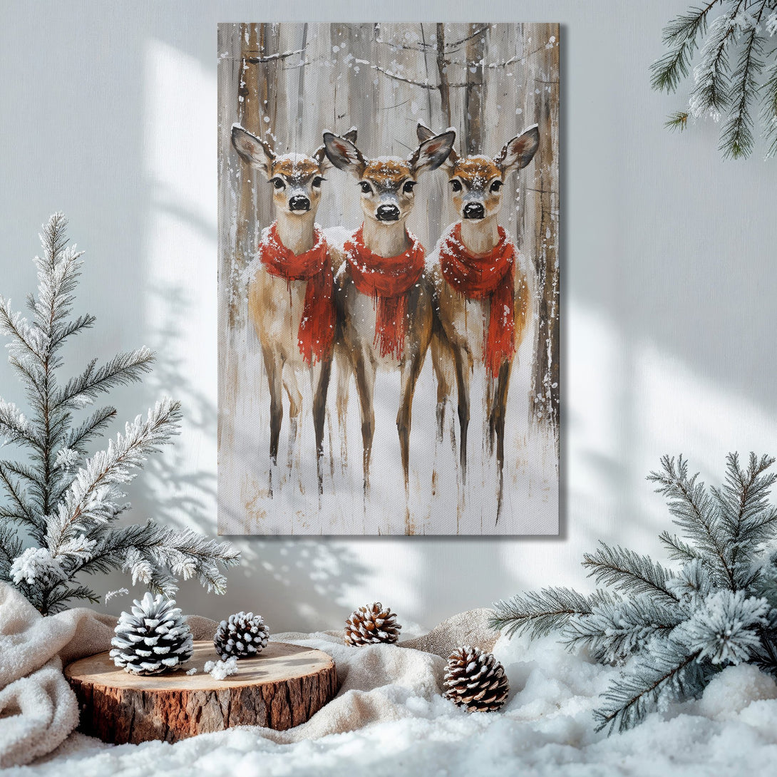 Framed Wall Art: Winter scene with deer in red scarves. Rustic style, neutral and red color palette. Perfect holiday decor!