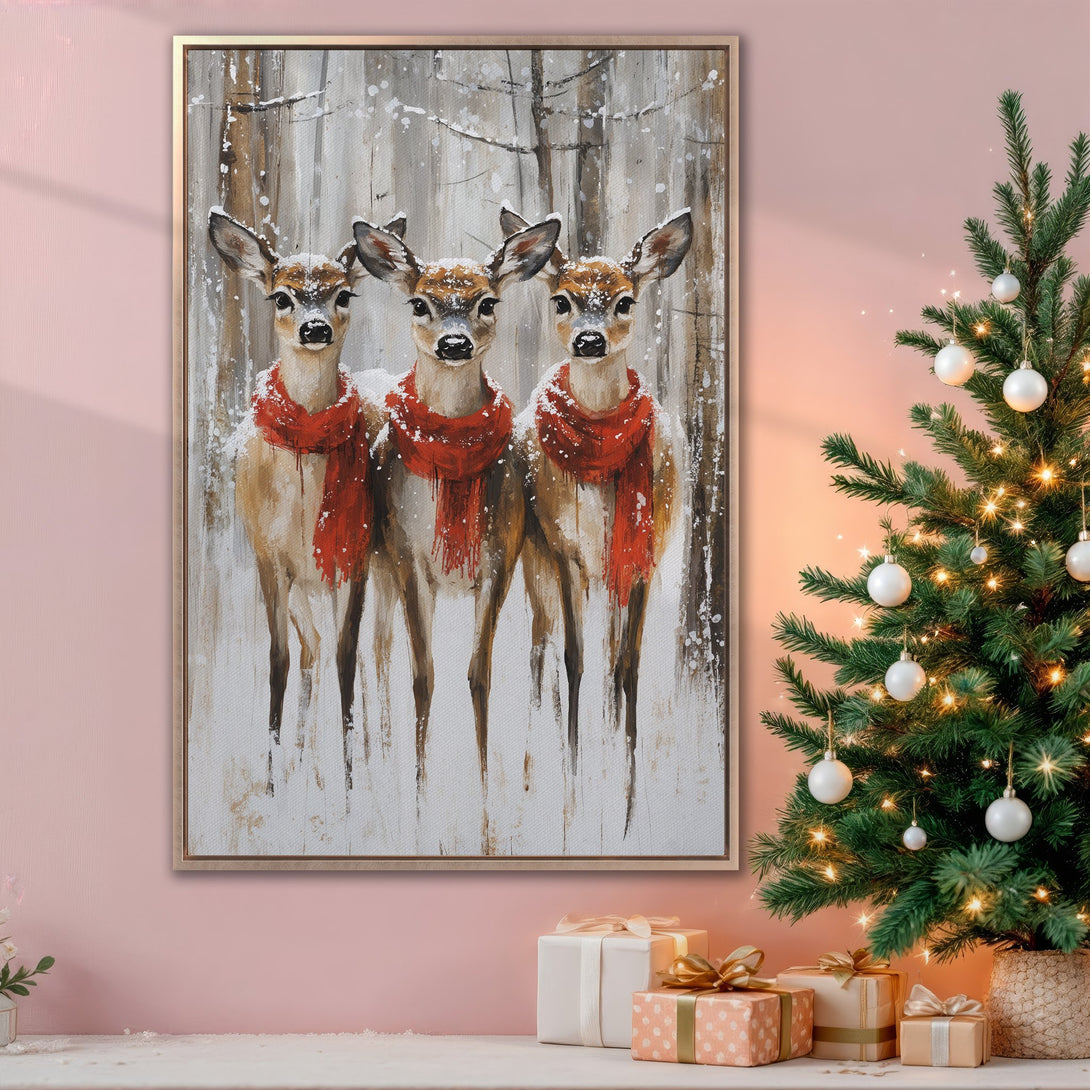 Framed Wall Art: Winter scene with three deer wearing red scarves in a snowy forest. Warm, inviting color palette. Perfect holiday decor.