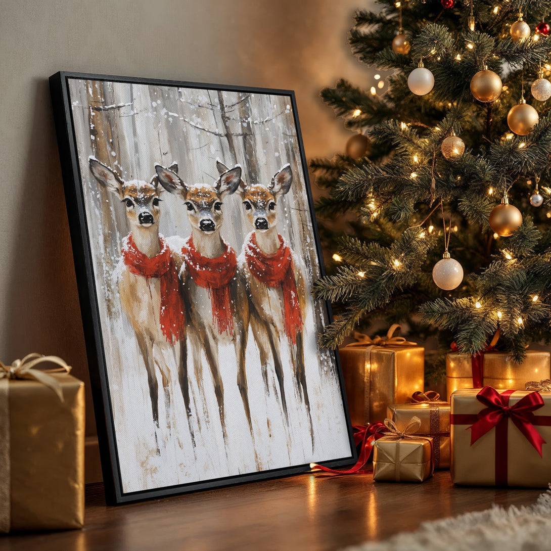 Framed Wall Art featuring three deer in a snowy forest scene, wearing red scarves. Warm, neutral color palette perfect for holiday decor.