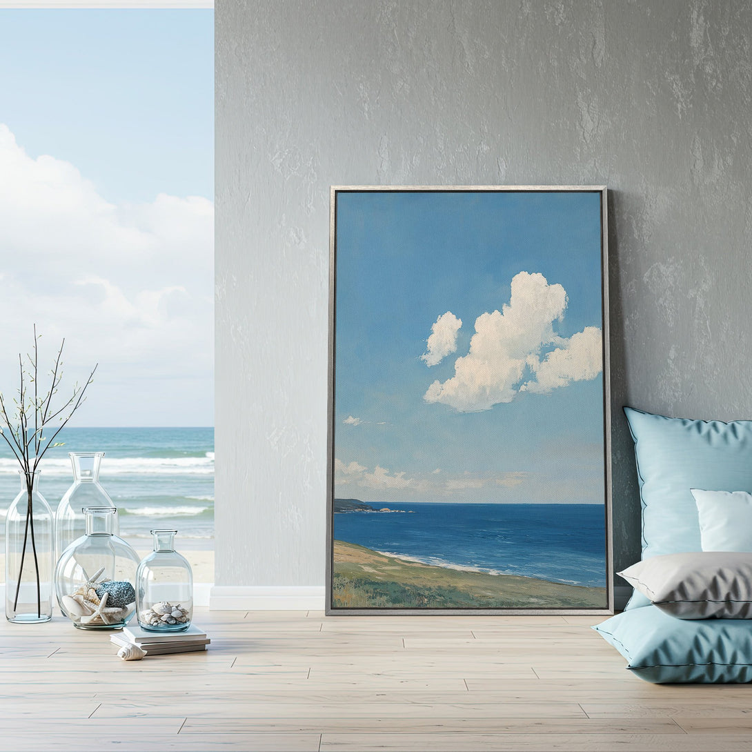 Framed Wall Art: Coastal landscape Canvas Print in blue and white. Serene ocean scene, perfect for adding a touch of tranquility to your home decor.