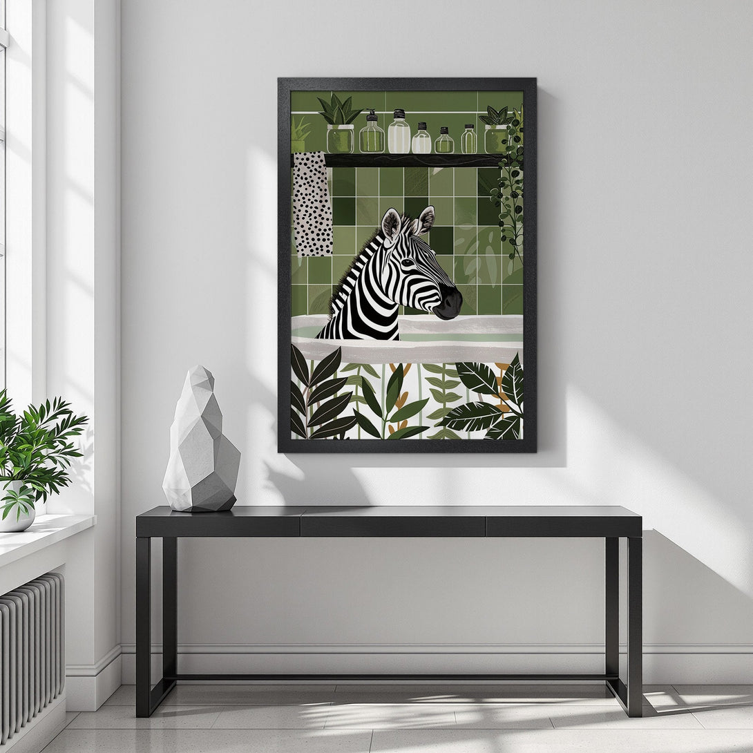 Framed Poster featuring a zebra in a bath, botanical style, green & white color palette, perfect for modern home decor.