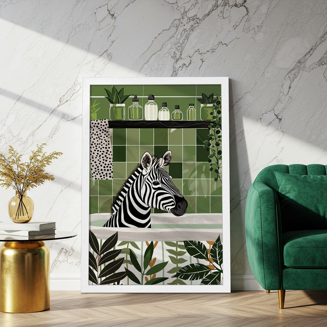 Framed Poster featuring a zebra in a bathtub, modern style, green and white color palette, perfect for bathroom decor.