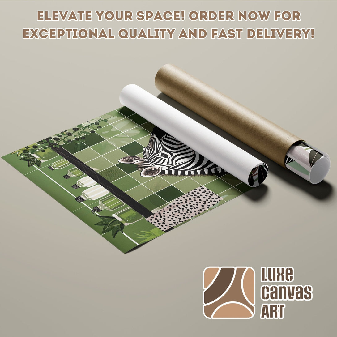 Poster Roll featuring a zebra and botanical design in a green and neutral color palette. Elevate your space with Luxe Canvas Art!
