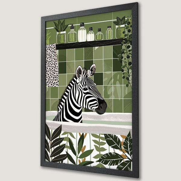 Framed Poster featuring a zebra in a bathtub, botanical illustration style, green and neutral color palette.