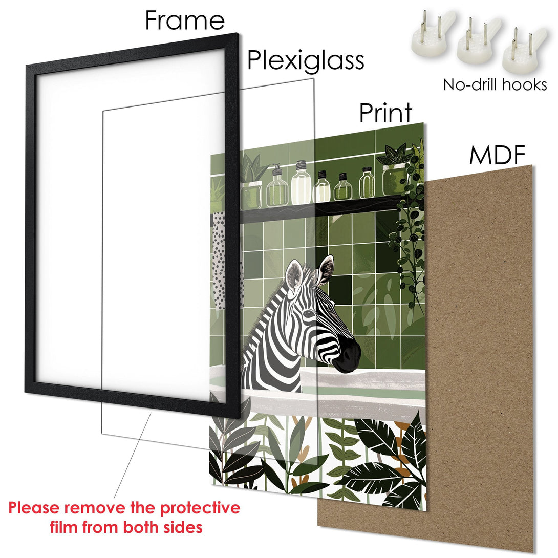 Framed Poster featuring a zebra in a botanical style, with a green and neutral color palette. Modern art for your home!