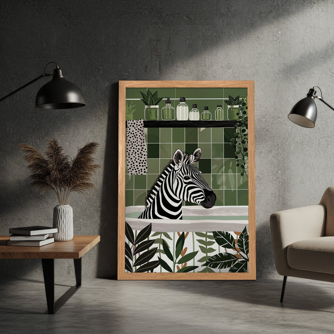 Framed Poster featuring a zebra in a bathtub, botanical style, with a green and neutral color palette. Perfect wall art for your home!