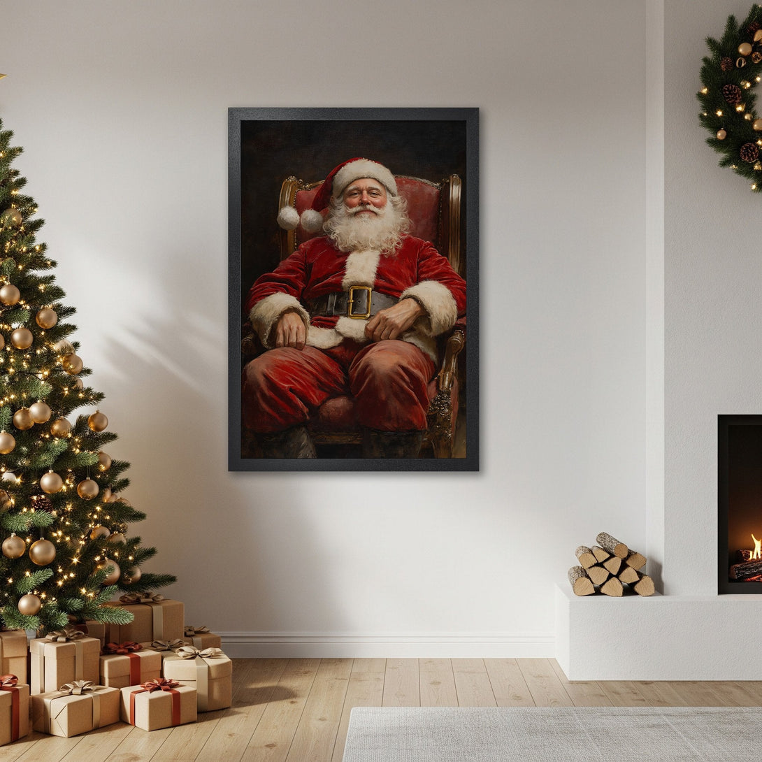 Framed Poster featuring Santa Claus in a classic style, rich red and warm tones, perfect Christmas decor.