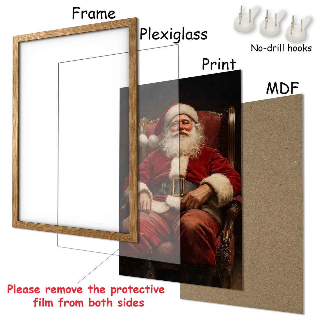 Framed Poster featuring Santa Claus in a classic style, rich red and brown tones. Perfect Christmas decor!