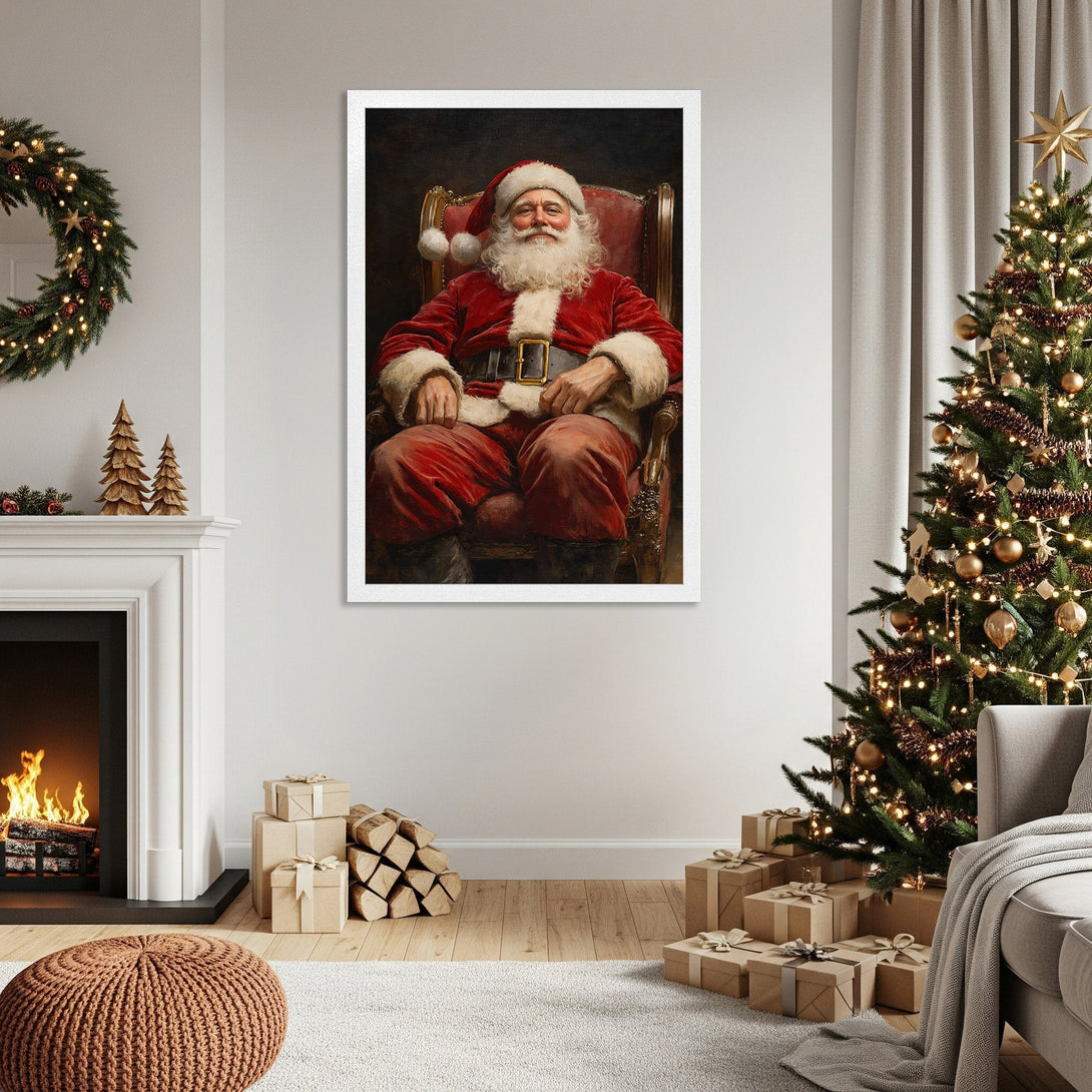 Framed Poster featuring Santa Claus in a classic style, rich red and warm tones. Perfect Christmas decor!