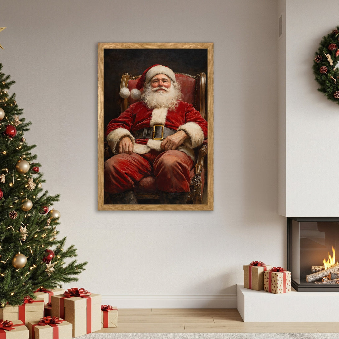 Framed Poster featuring Santa Claus in a classic style. Red, gold, and neutral tones create a festive holiday vibe. Perfect Christmas decor!