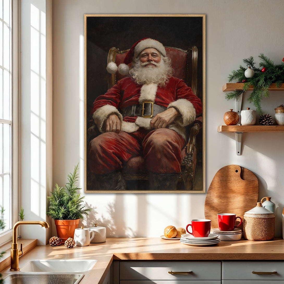 Framed Wall Art featuring Santa Claus in a classic style, rich red and warm tones create a festive holiday atmosphere. Perfect for Christmas decor!