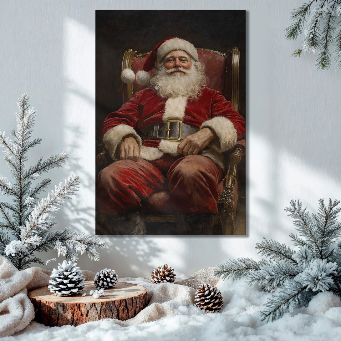 Framed Wall Art featuring Santa Claus in a classic style, rich red and gold palette. Perfect Christmas decor for your home!