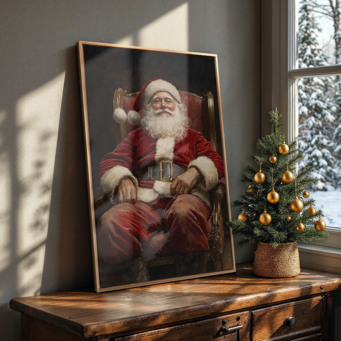 Framed Wall Art featuring Santa Claus in a classic style, rich red and gold tones. Perfect Christmas decor for a cozy, festive home.