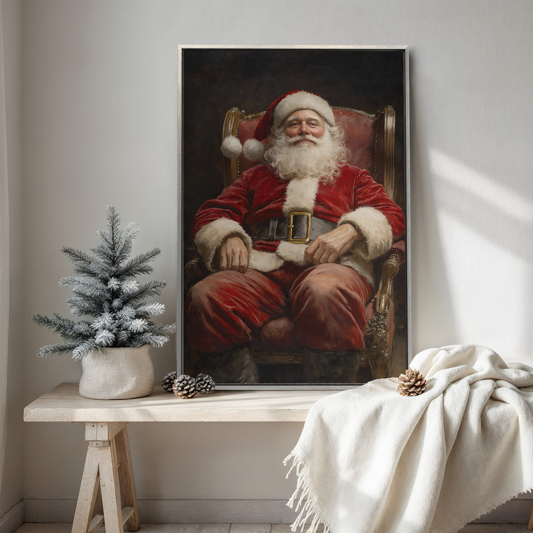 Framed Wall Art featuring Santa Claus in a classic style, rich red and gold tones. Perfect holiday decor for your home!