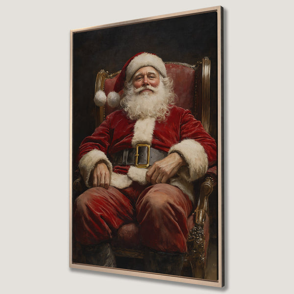 Framed Wall Art featuring Santa Claus in a classic, vintage style with a red and gold color palette. Perfect Christmas decor!