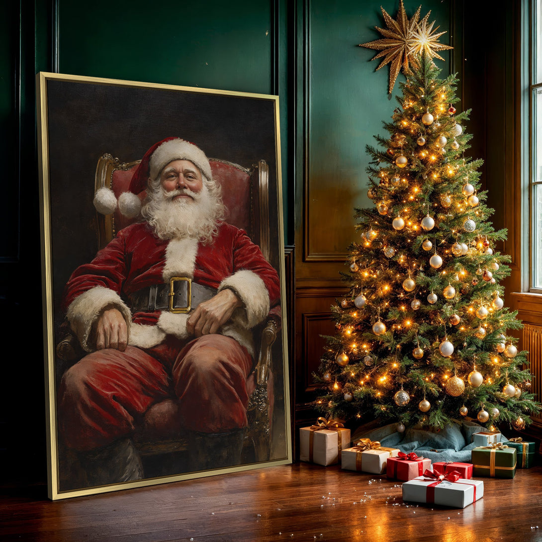 Canvas Print of Santa Claus in classic style, featuring a red and gold color palette, perfect for holiday decor.