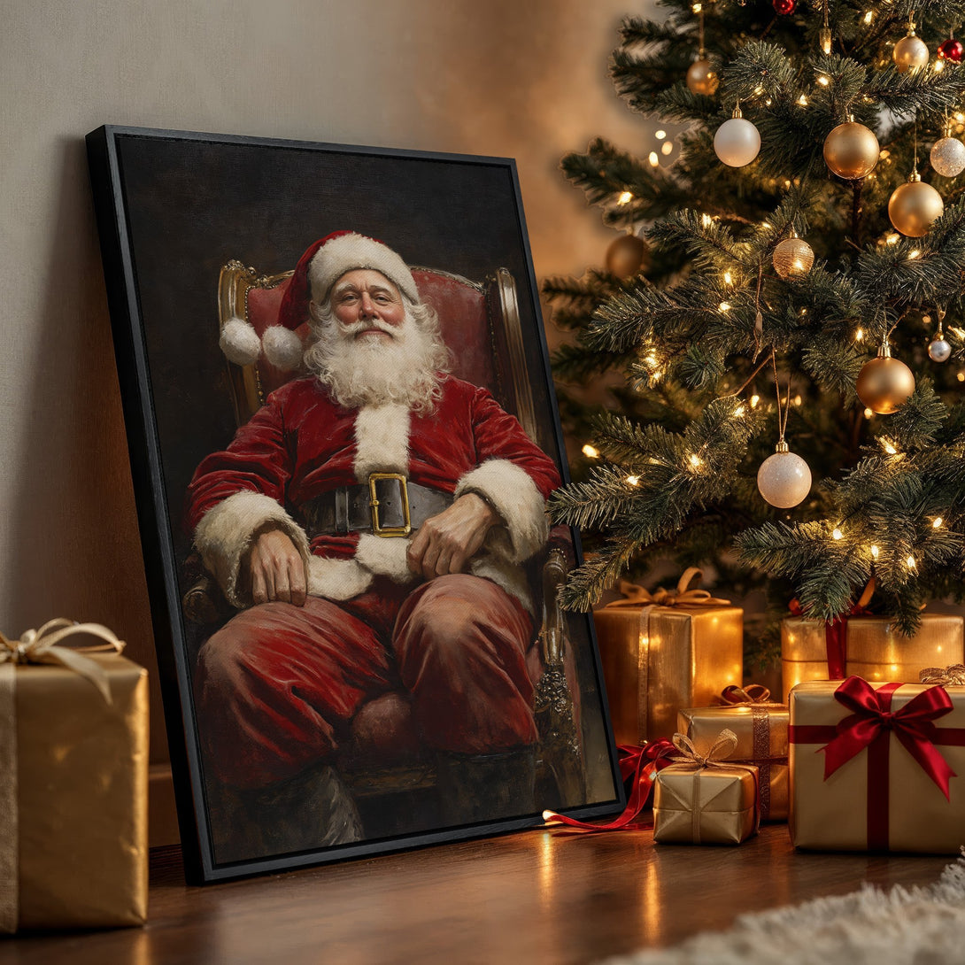Framed Wall Art featuring Santa Claus in a classic style with a red and gold color palette, perfect for Christmas decor.