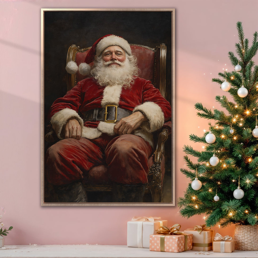 Framed Wall Art featuring Santa Claus in a classic style. Warm red and gold color palette. Perfect Christmas wall decor for a festive home.