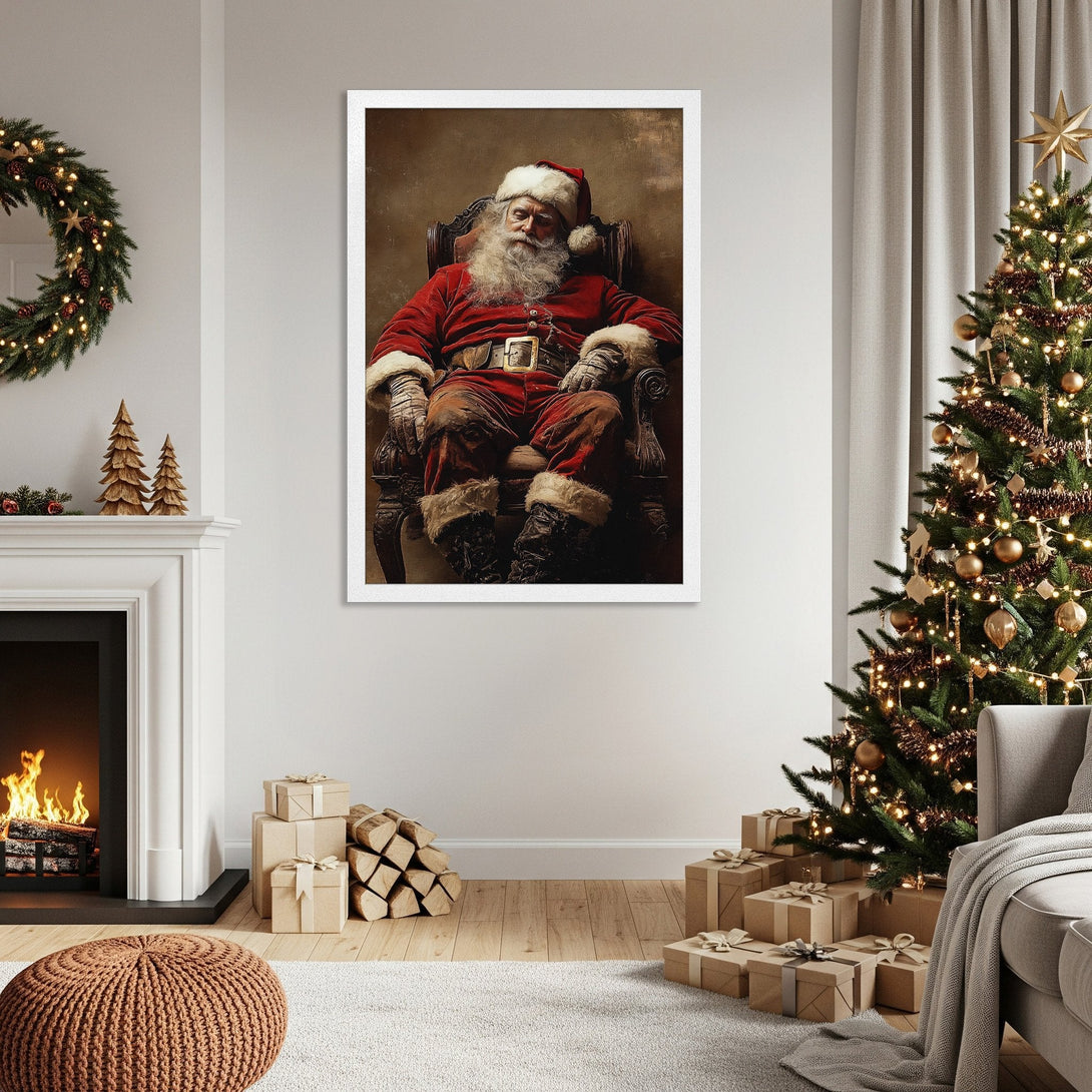 Framed Poster of Santa Claus in a cozy Christmas scene. Vintage style, warm red and brown color palette. Perfect holiday decor.