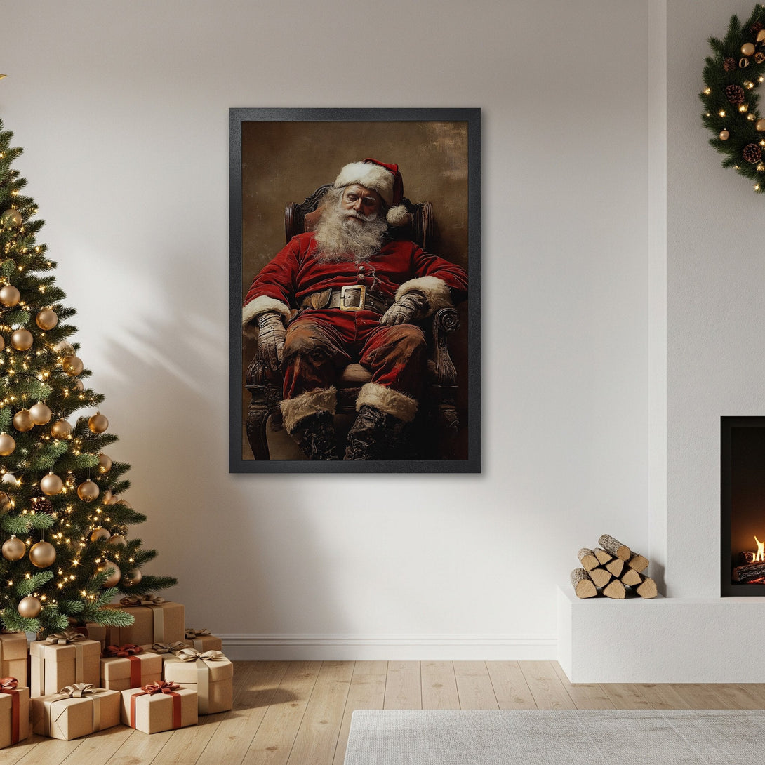 Framed Poster featuring Santa Claus in a vintage style, rich red and brown tones, perfect Christmas decor.